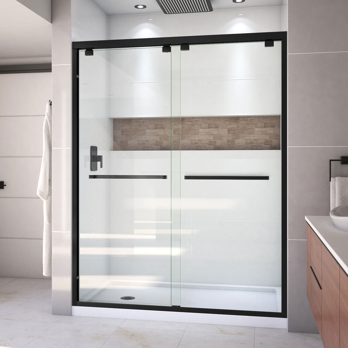 DreamLine Encore 36 in. D x 60 in. W x 78 3/4 in. H Bypass Shower Door in Satin Black and Left Drain White Base Kit