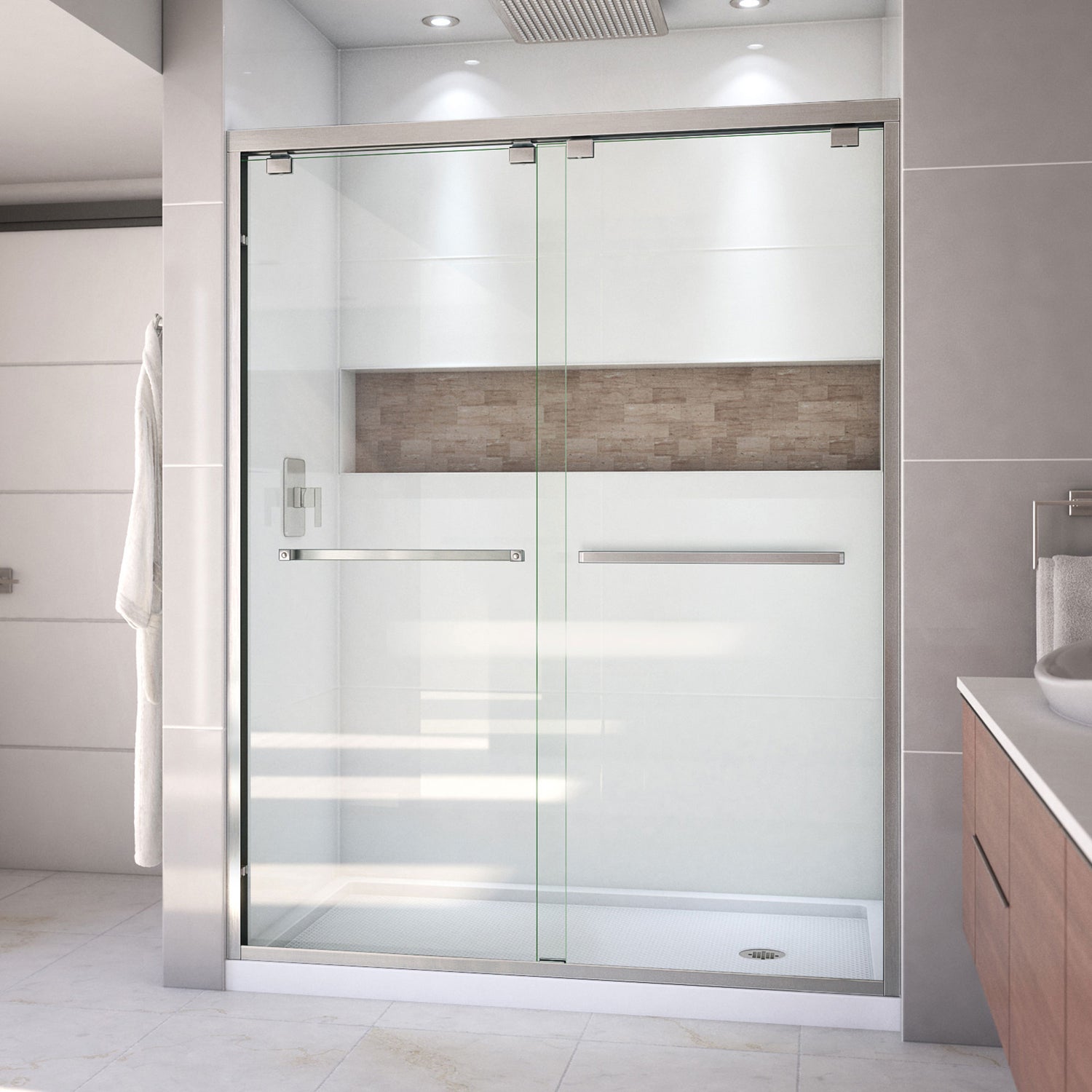 DreamLine Encore 32 in. D x 60 in. W x 78 3/4 in. H Bypass Shower Door in Brushed Nickel and Right Drain White Base Kit