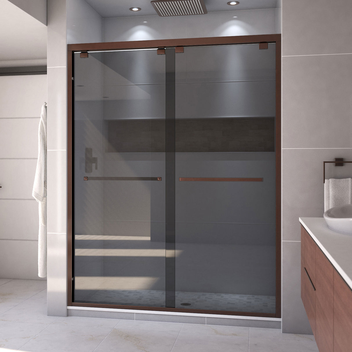 DreamLine Encore 56-60 in. W x 76 in. H Semi-Frameless Bypass Sliding Shower Door in Oil Rubbed Bronze and Gray Glass