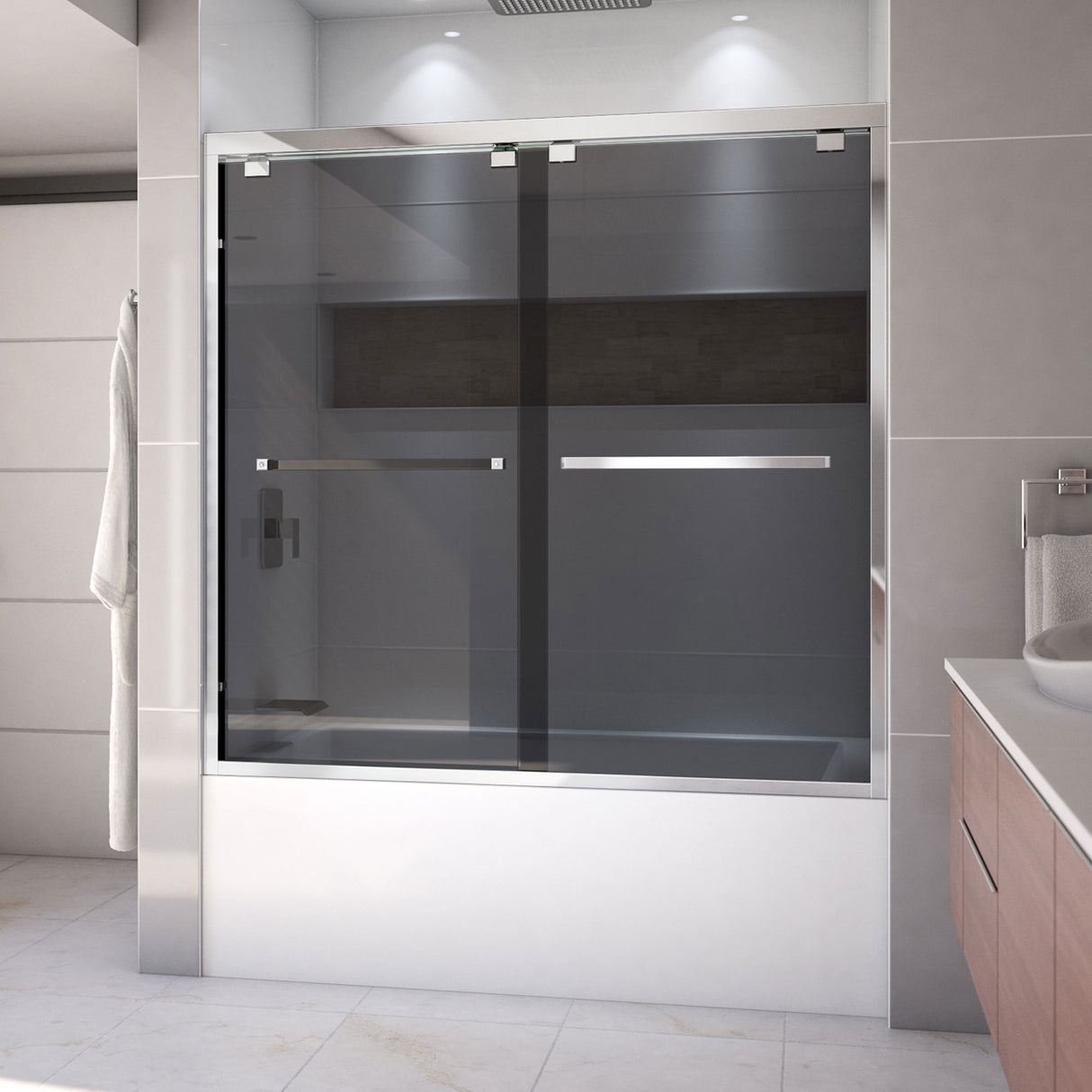 DreamLine Encore 56-60 in. W x 58 in. H Semi-Frameless Bypass Sliding Tub Door in Chrome and Gray Glass