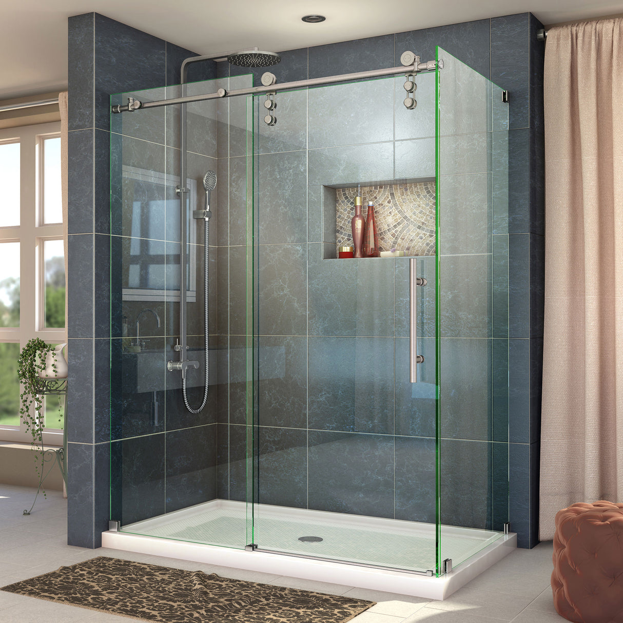 DreamLine Enigma-Z 34 1/2 in. D x 60 3/8 in. W x 76 in. H Fully Frameless Sliding Shower Enclosure in Brushed Stainless Steel