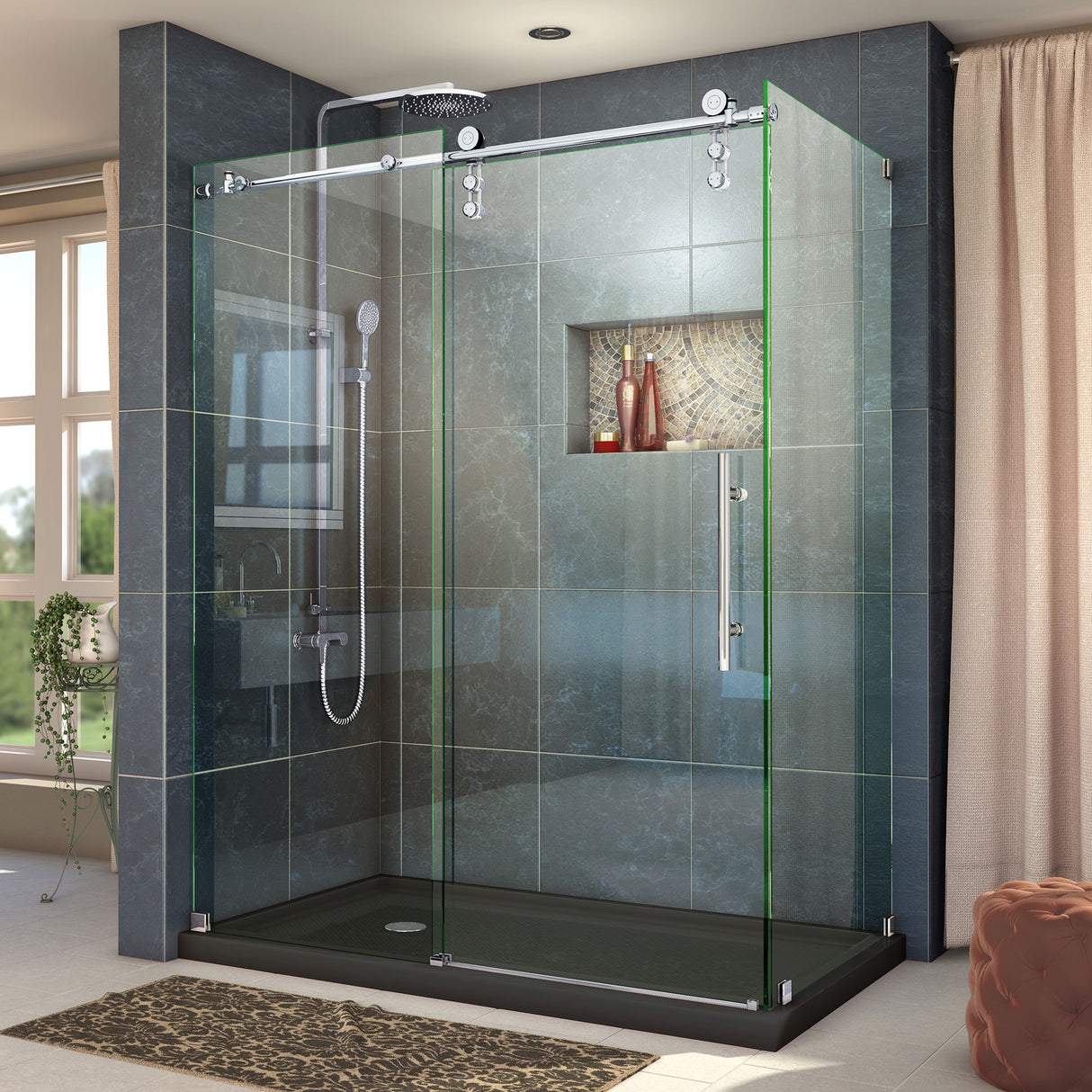 DreamLine Enigma-Z 34 1/2 in. D x 60 3/8 in. W x 76 in. H Fully Frameless Sliding Shower Enclosure in Polished Stainless Steel