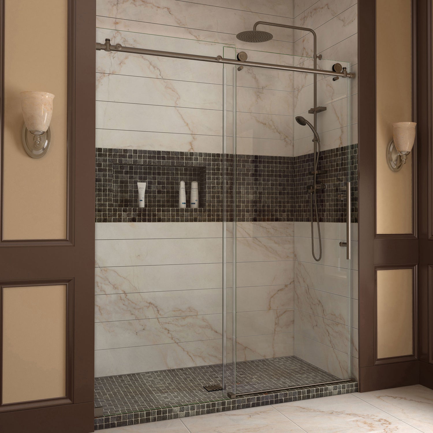 DreamLine Enigma-X 56-60 in. W x 76 in. H Fully Frameless Sliding Shower Door in Brushed Stainless Steel