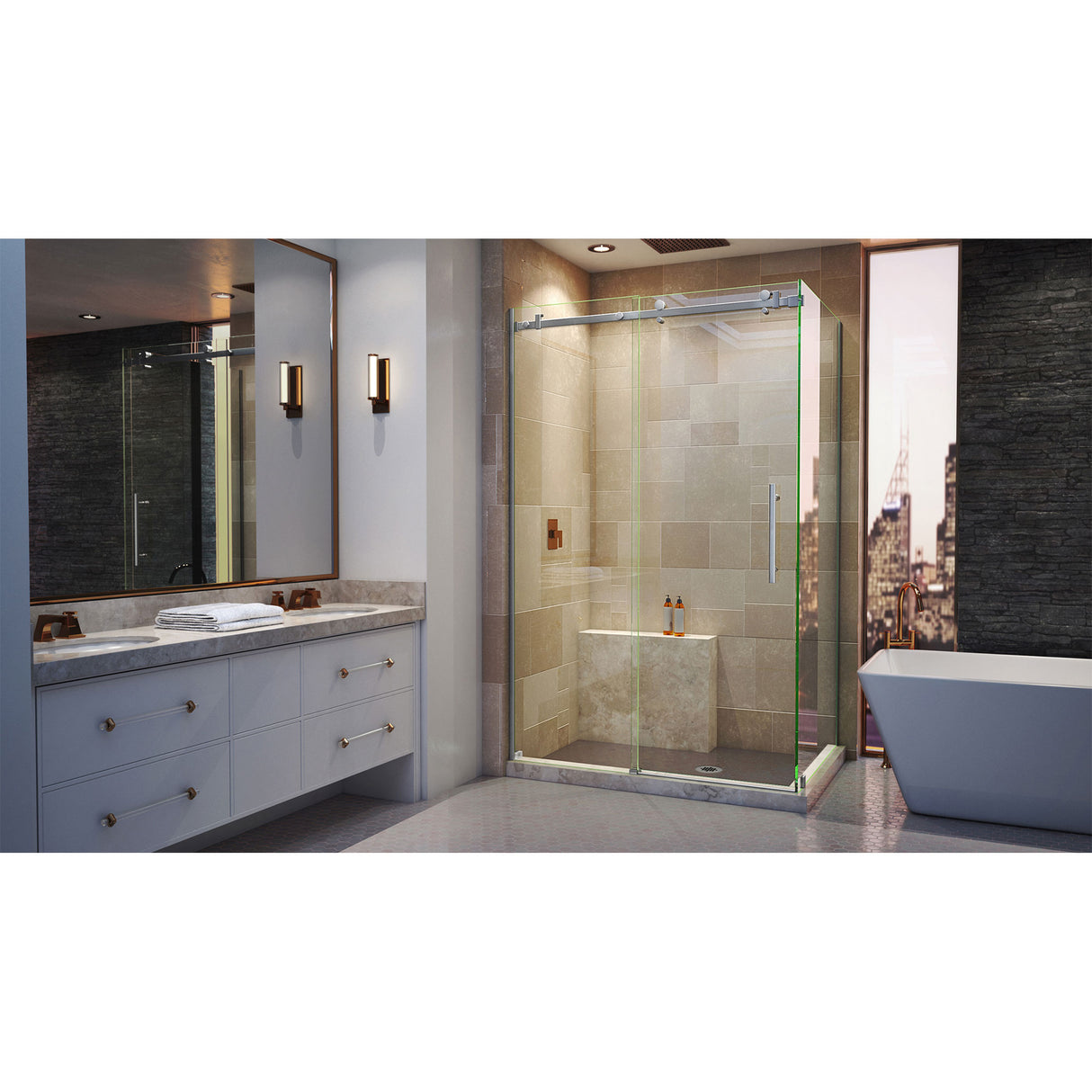 DreamLine Enigma Air 34 3/4 in. D x 48 3/8 in. W x 76 in. H Frameless Sliding Shower Enclosure in Brushed Stainless Steel