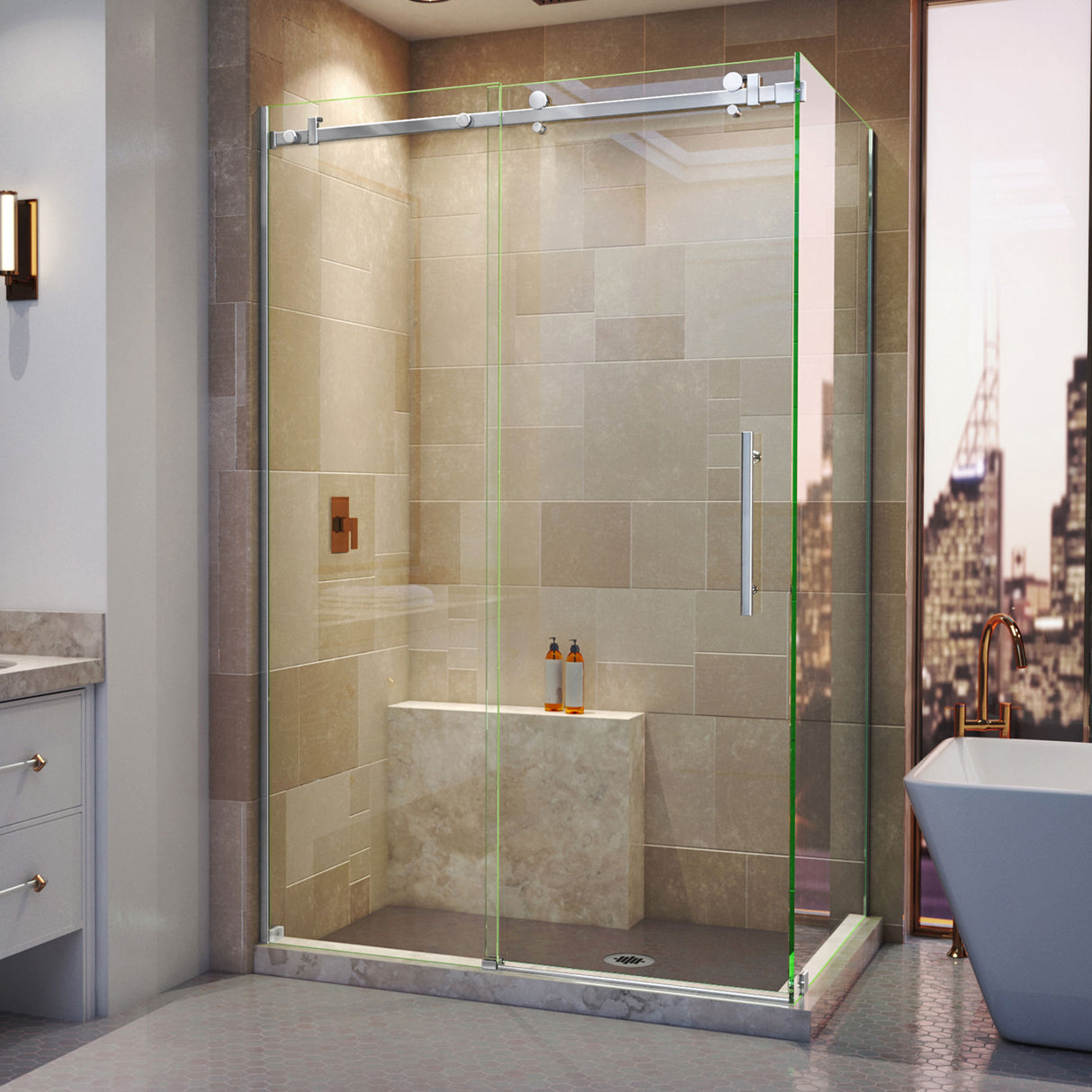 DreamLine Enigma Air 34 3/4 in. D x 48 3/8 in. W x 76 in. H Frameless Sliding Shower Enclosure in Polished Stainless Steel