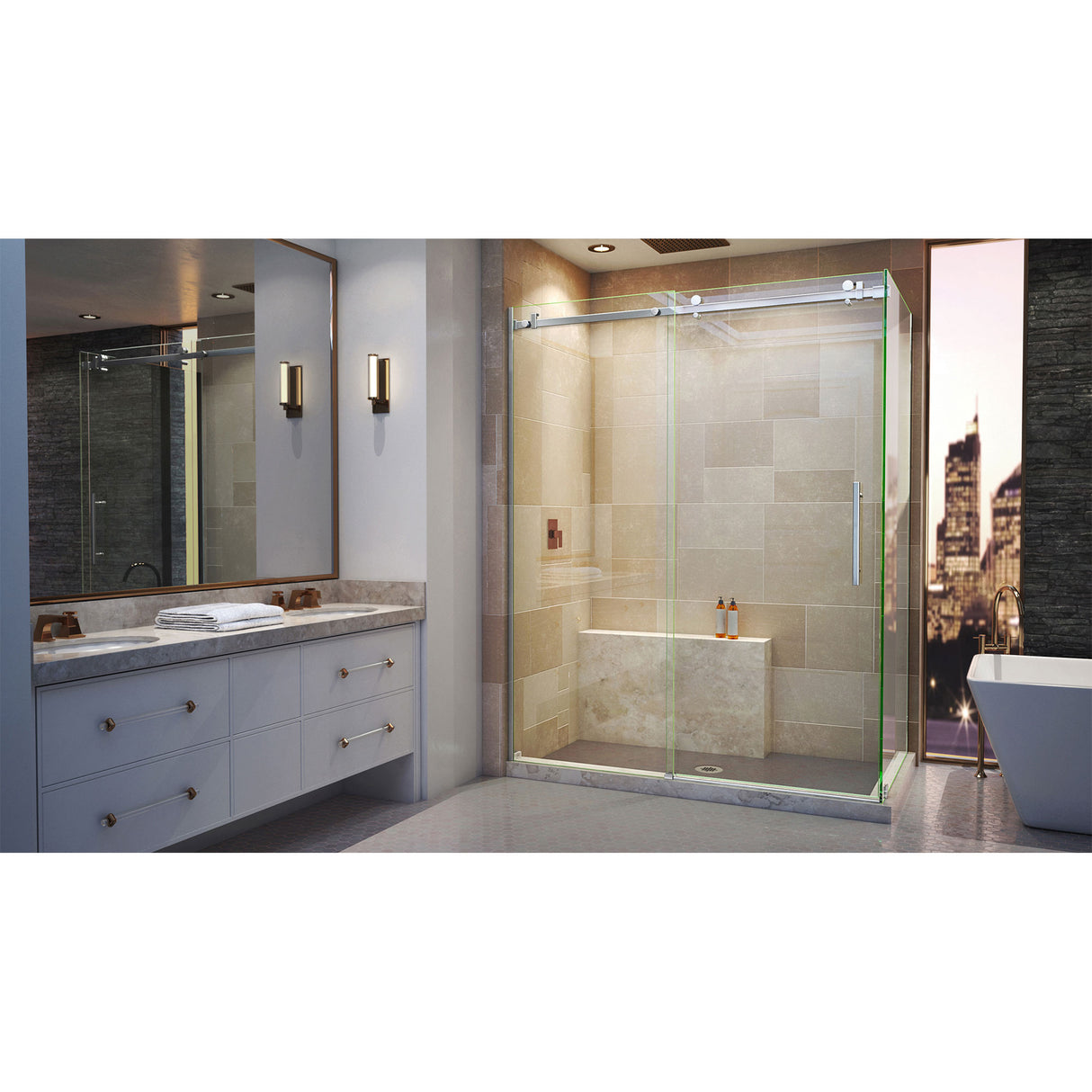 DreamLine Enigma Air 34 3/4 in. D x 60 3/8 in. W x 76 in. H Frameless Sliding Shower Enclosure in Polished Stainless Steel