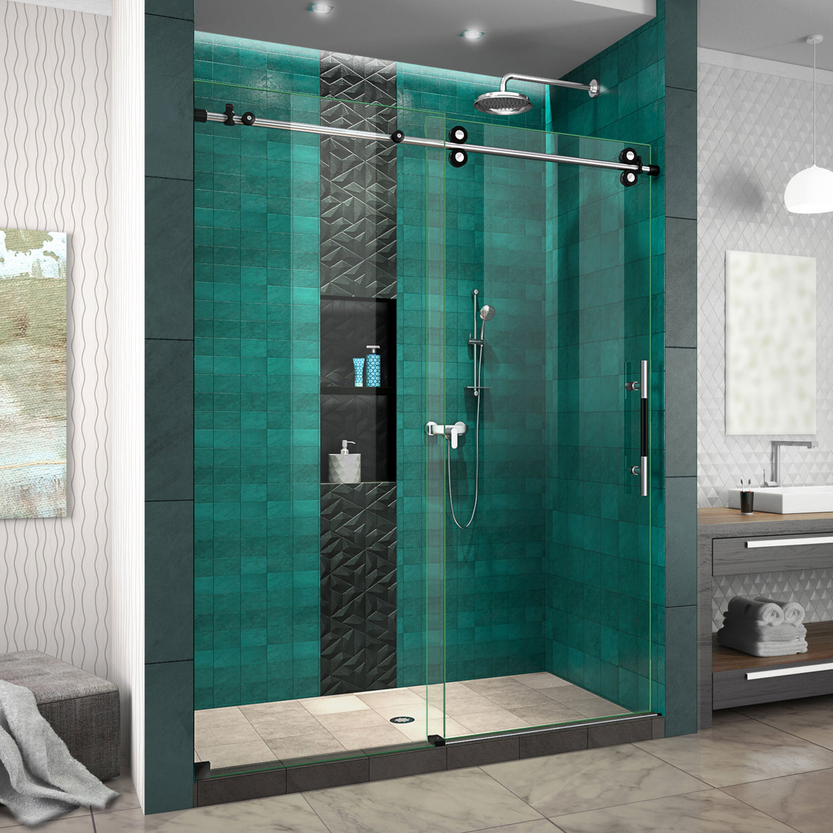 DreamLine Enigma-XO 56-60 in. W x 76 in. H Frameless Clear Glass Sliding Shower Door in Polished Tuxedo