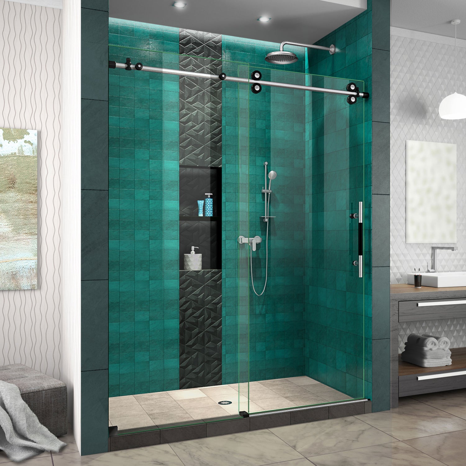 DreamLine Enigma-XO 56-60 in. W x 76 in. H Frameless Clear Glass Sliding Shower Door in Brushed Tuxedo