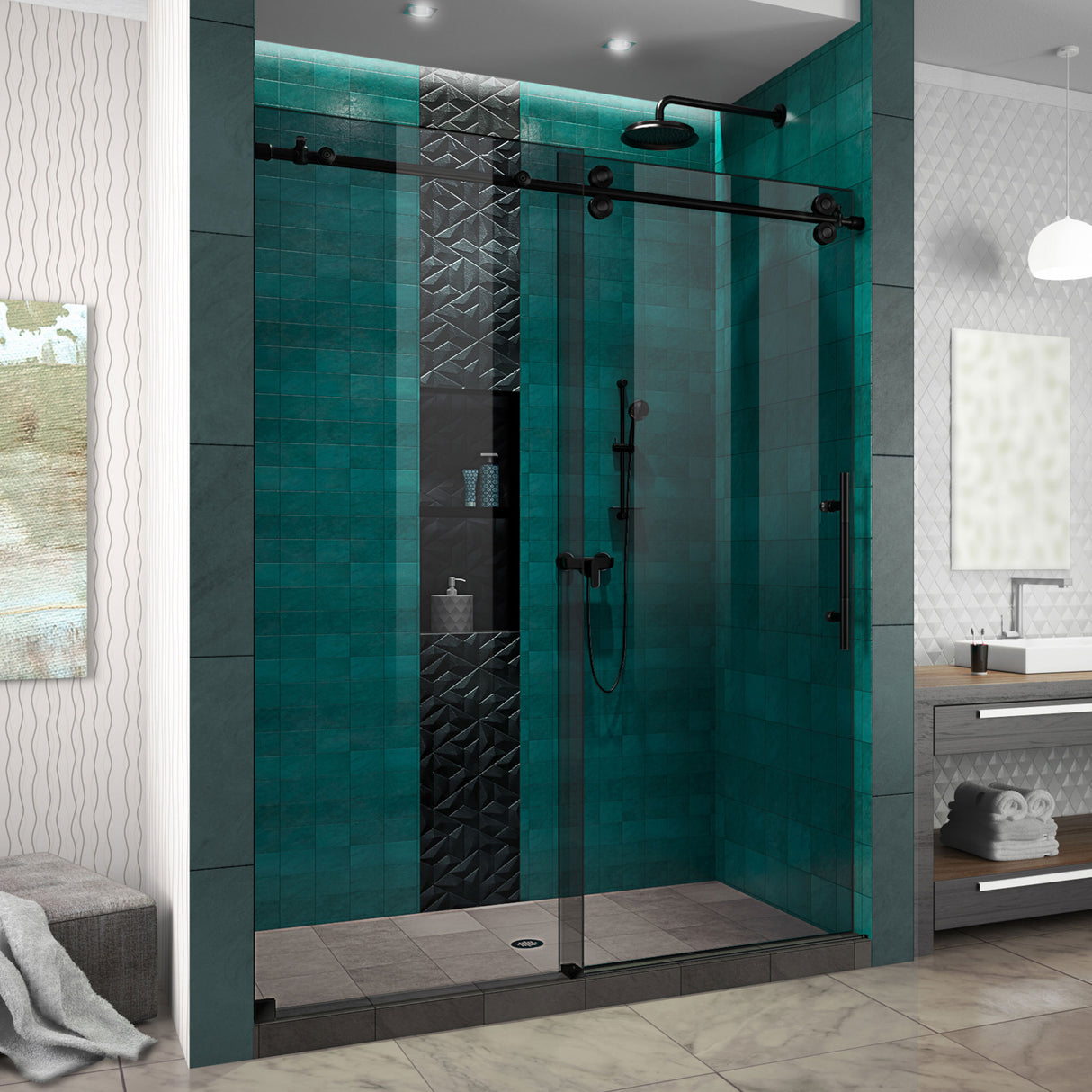 DreamLine Enigma-XO 56-60 in. W x 76 in. H Frameless Smoke Gray Glass Sliding Shower Door in Satin Black Stainless Steel