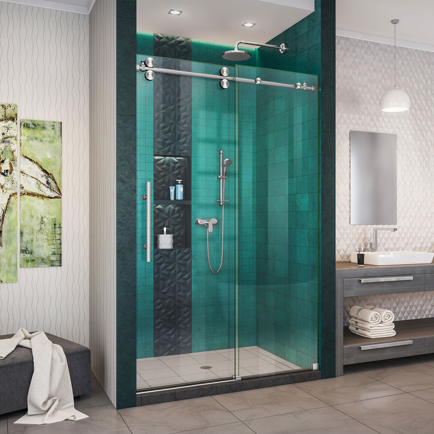 DreamLine Enigma-XO 44-48 in. W x 76 in. H Fully Frameless Sliding Shower Door in Brushed Stainless Steel
