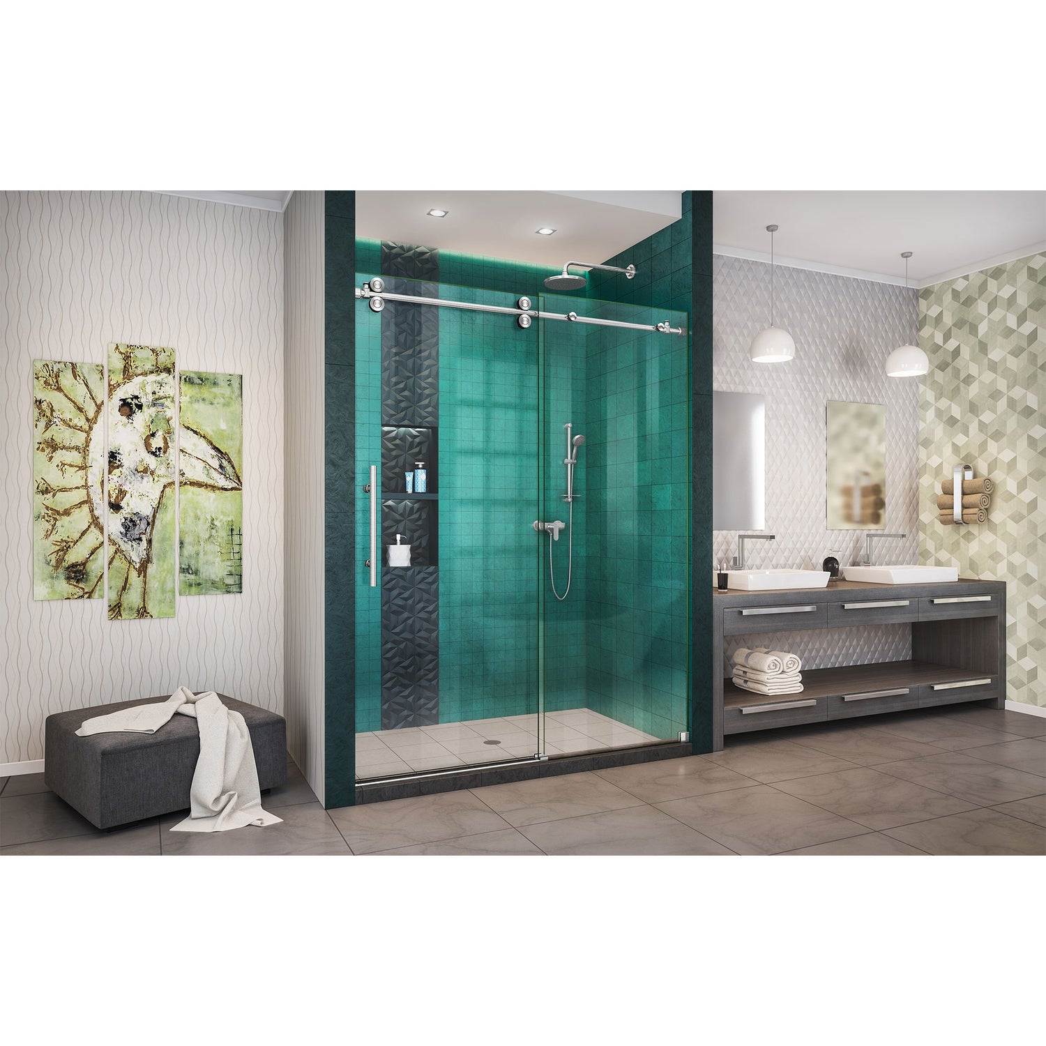 DreamLine Enigma-XO 56-60 in. W x 76 in. H Fully Frameless Sliding Shower Door in Brushed Stainless Steel