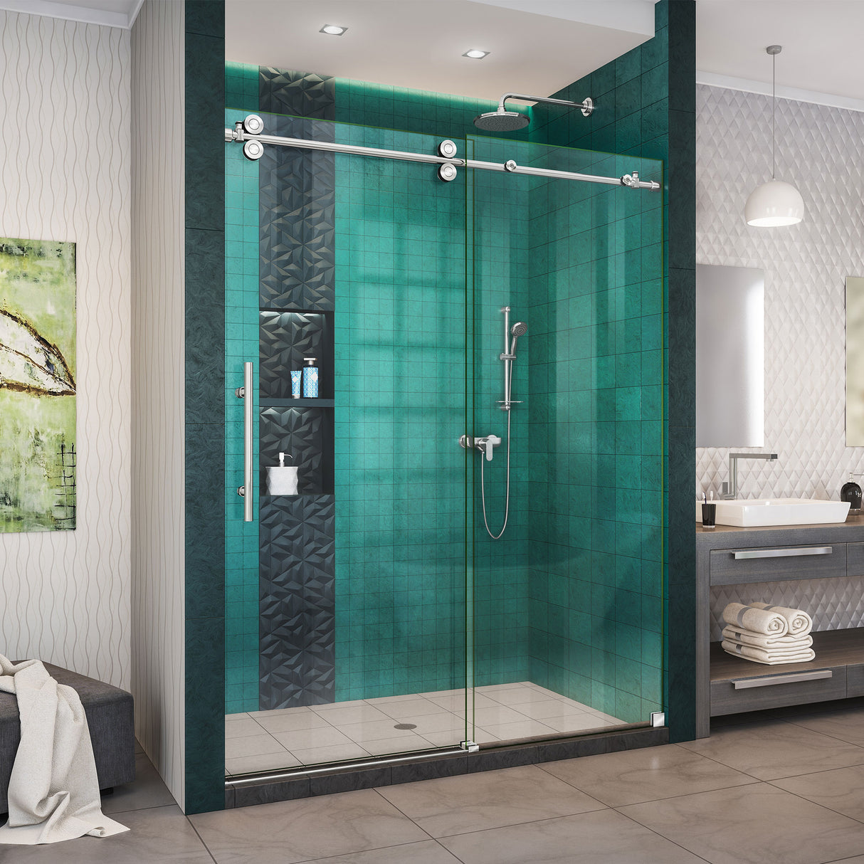 DreamLine Enigma-XO 56-60 in. W x 76 in. H Fully Frameless Sliding Shower Door in Polished Stainless Steel