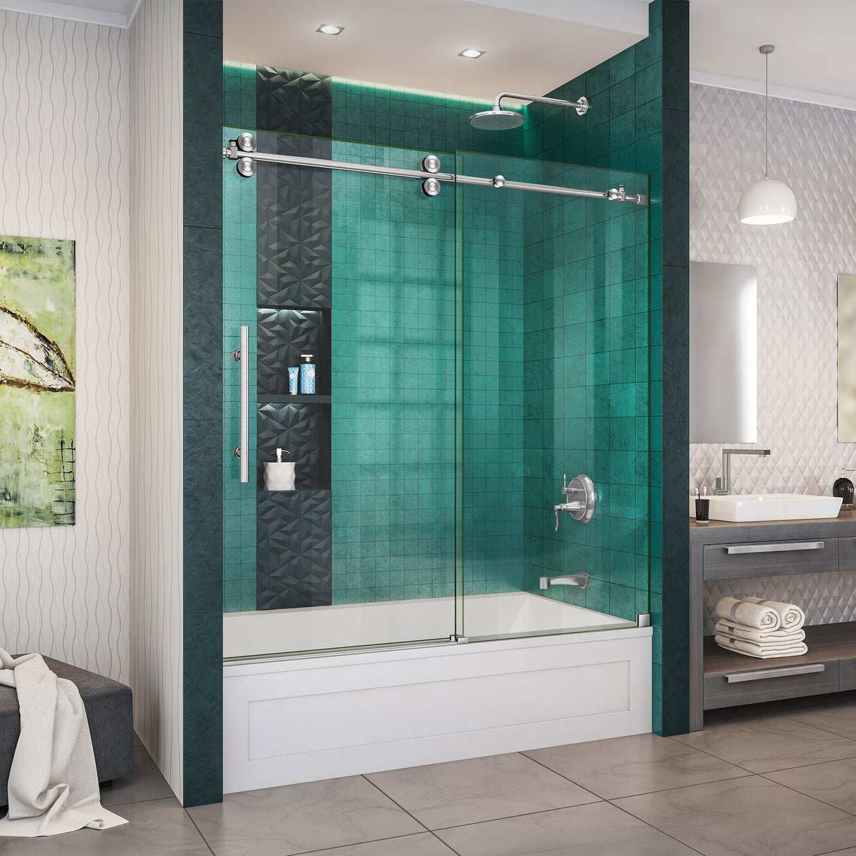 DreamLine Enigma-XO 55-59 in. W x 62 in. H Fully Frameless Sliding Tub Door in Brushed Stainless Steel