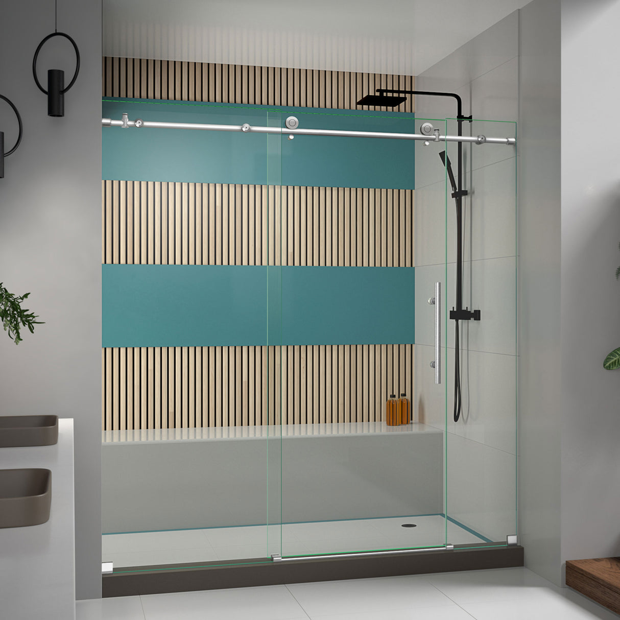 DreamLine Enigma-X 68-72 in. W x 76 in. H Clear Sliding Shower Door in Brushed Stainless Steel