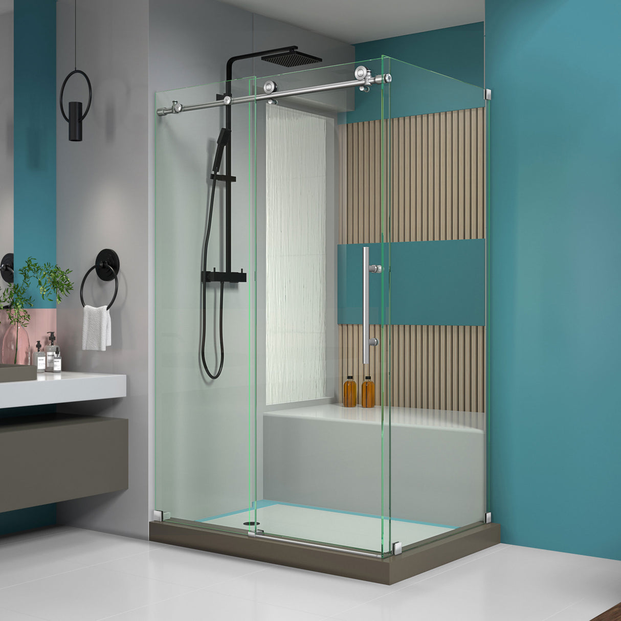 DreamLine Enigma-X 32 1/2 in. D x 48 3/8 in. W x 76 in. H Clear Sliding Shower Enclosure in Brushed Stainless Steel