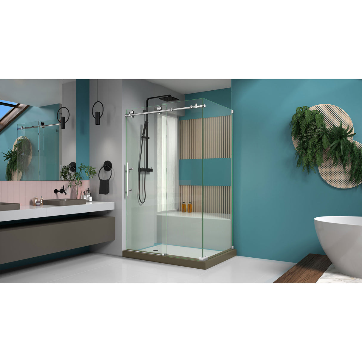 DreamLine Enigma-X 34 1/2 in. D x 48 3/8 in. W x 76 in. H Clear Sliding Shower Enclosure in Brushed Stainless Steel