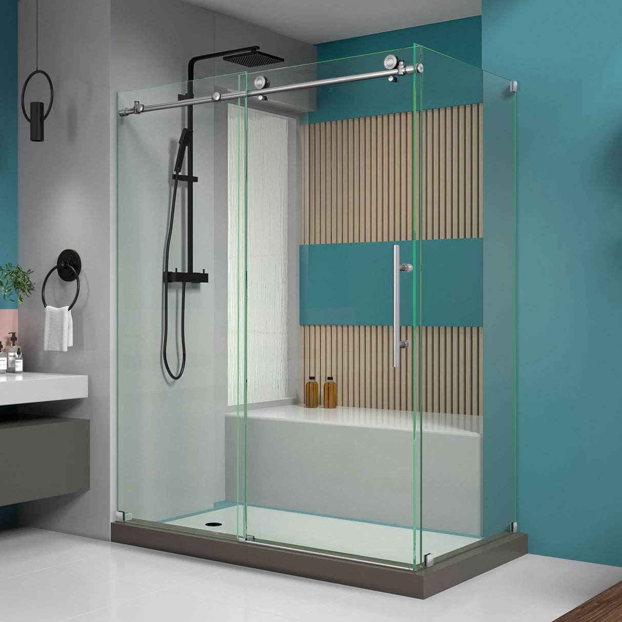 DreamLine Enigma-X 34 1/2 in. D x 60 3/8 in. W x 76 in. H Clear Sliding Shower Enclosure in Brushed Stainless Steel