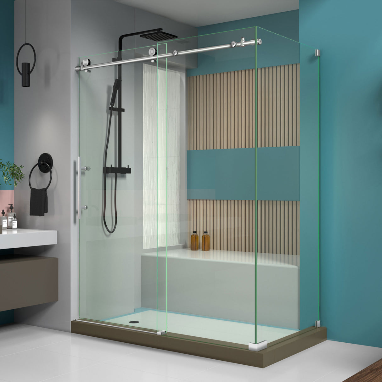 DreamLine Enigma-X 34 1/2 in. D x 60 3/8 in. W x 76 in. H Clear Sliding Shower Enclosure in Brushed Stainless Steel