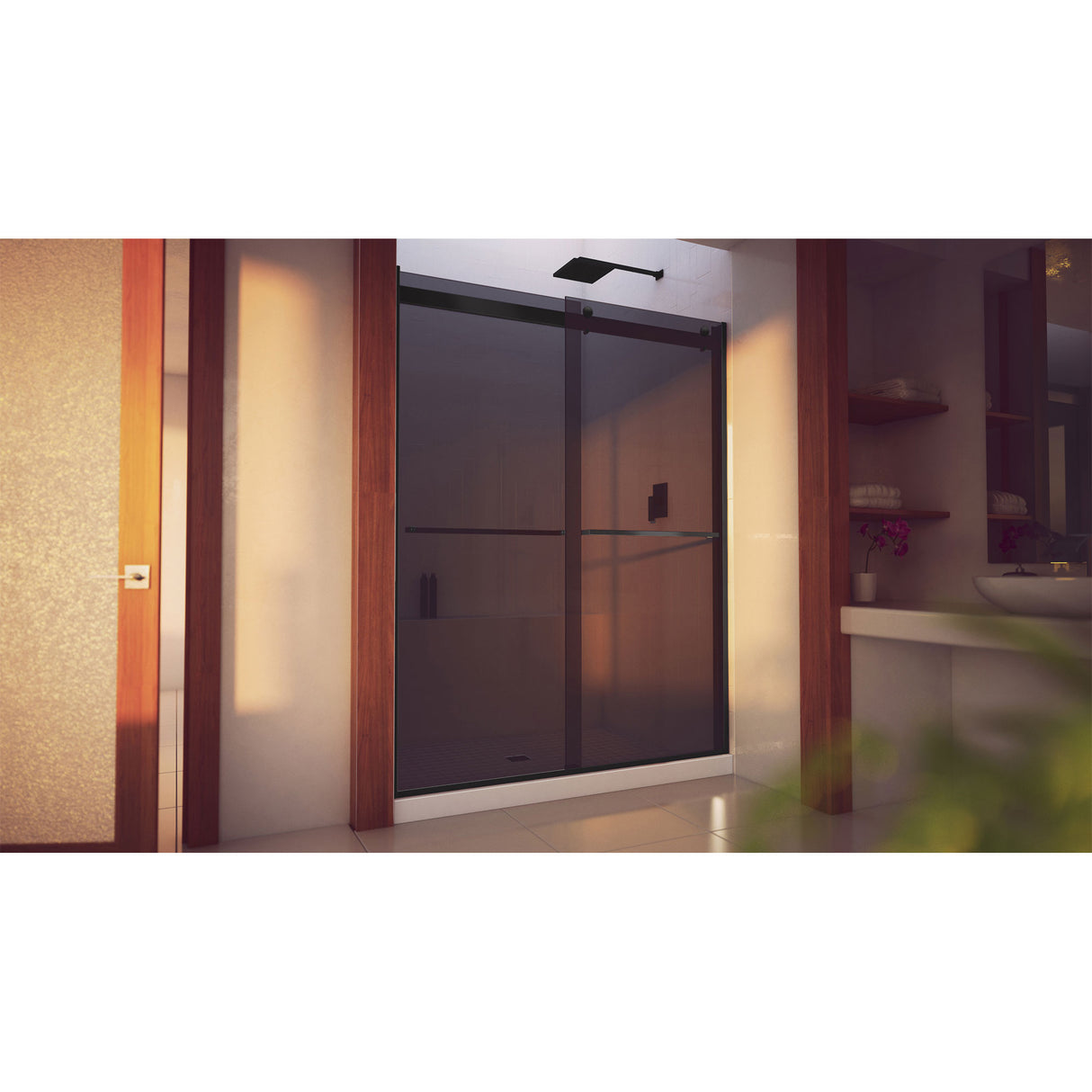 DreamLine Essence-H 56-60 in. W x 76 in. H Semi-Frameless Bypass Shower Door in Satin Black and Gray Glass