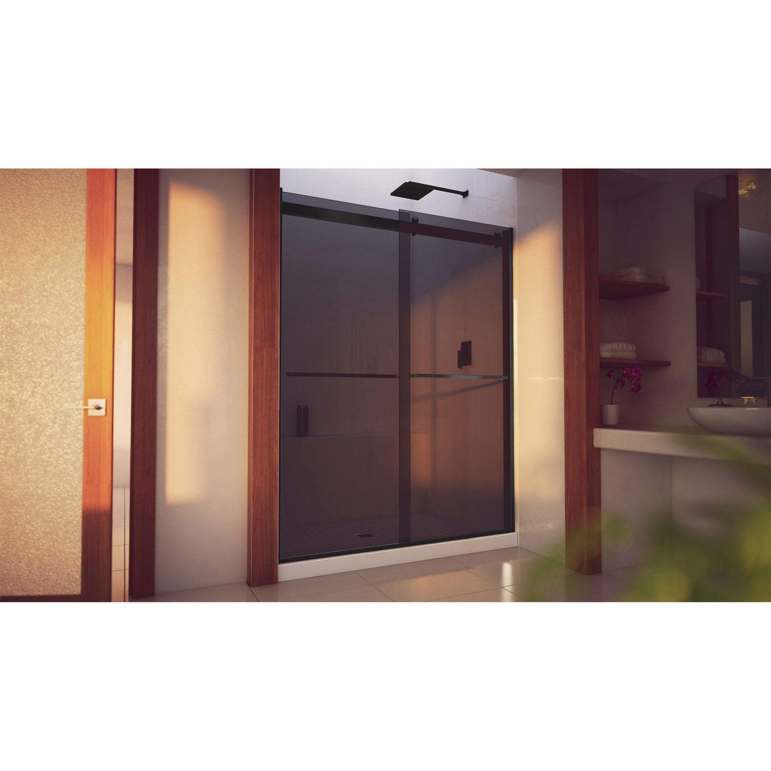 DreamLine Essence-H 56-60 in. W x 76 in. H Semi-Frameless Bypass Shower Door in Satin Black and Gray Glass