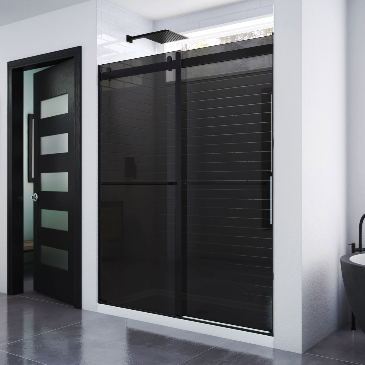 DreamLine Essence 56-60 in. W x 76 in. H Frameless Smoke Gray Glass Bypass Shower Door in Satin Black