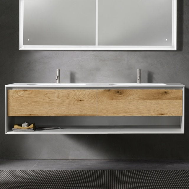 Blubathworks F45V1-1800-01M.03 45° FULL series 1800 vanity, White Matte frame/Vintage Oak front; 71" w x 19" h x 20" d