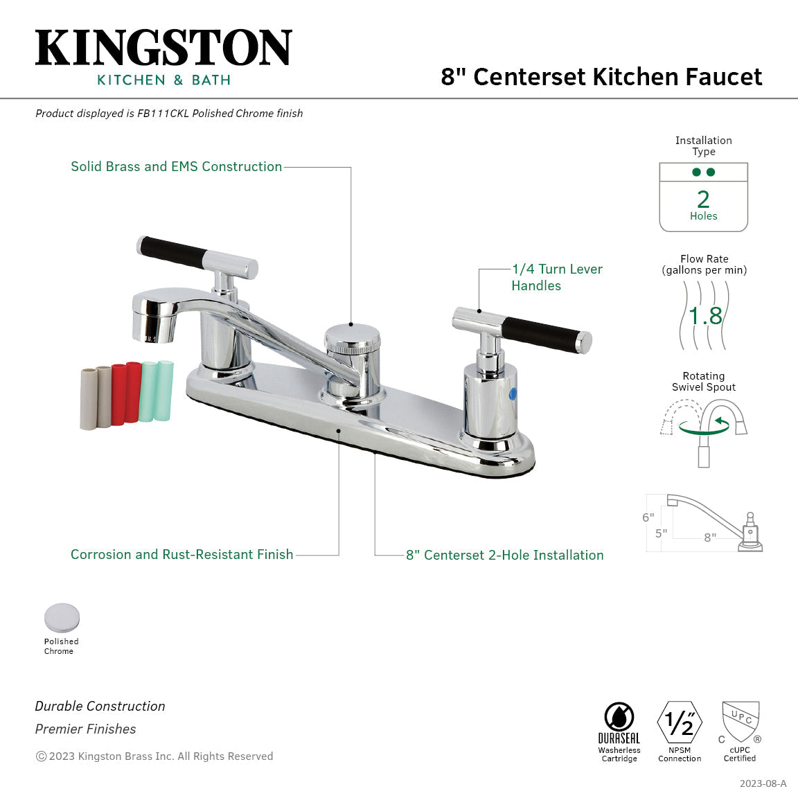 Kaiser FB111CKL Two-Handle 2-Hole Deck Mount 8" Centerset Kitchen Faucet, Polished Chrome