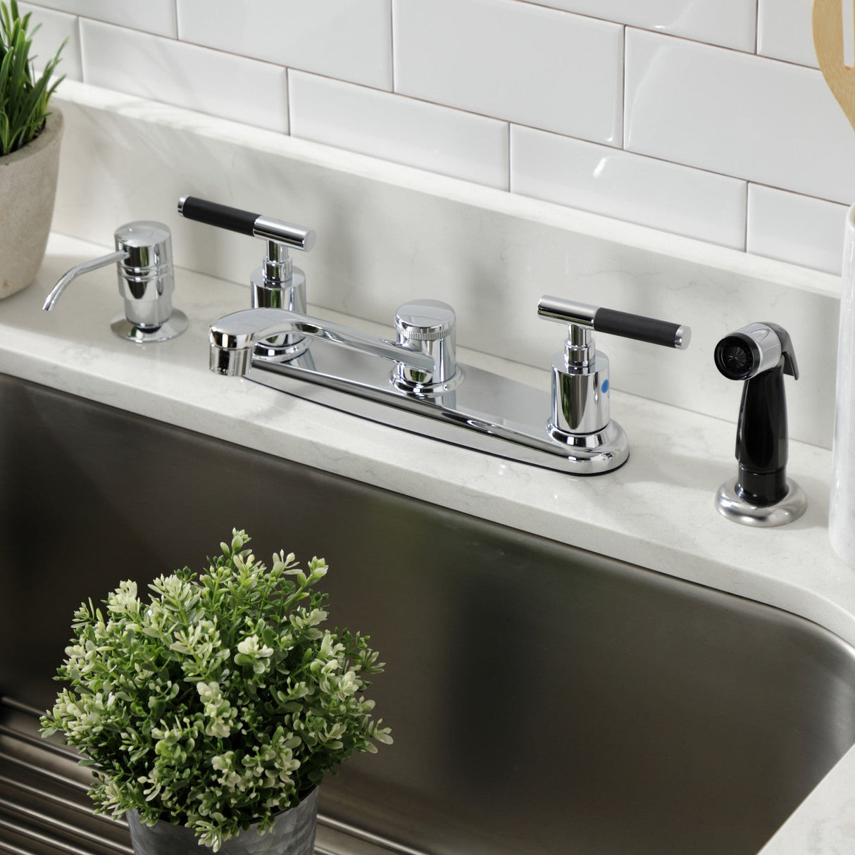 Kaiser FB112CKL Two-Handle 4-Hole Deck Mount 8" Centerset Kitchen Faucet with Side Sprayer, Polished Chrome