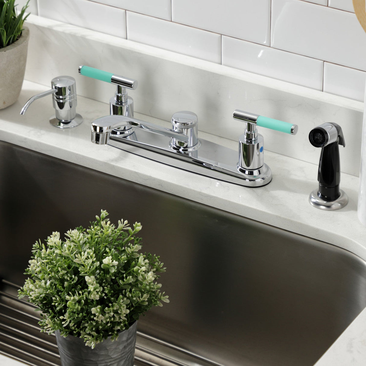 Kaiser FB112CKL Two-Handle 4-Hole Deck Mount 8" Centerset Kitchen Faucet with Side Sprayer, Polished Chrome