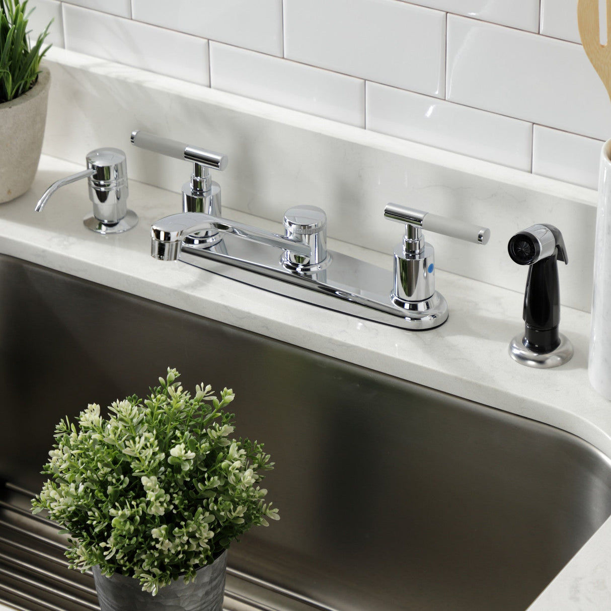 Kaiser FB112CKL Two-Handle 4-Hole Deck Mount 8" Centerset Kitchen Faucet with Side Sprayer, Polished Chrome