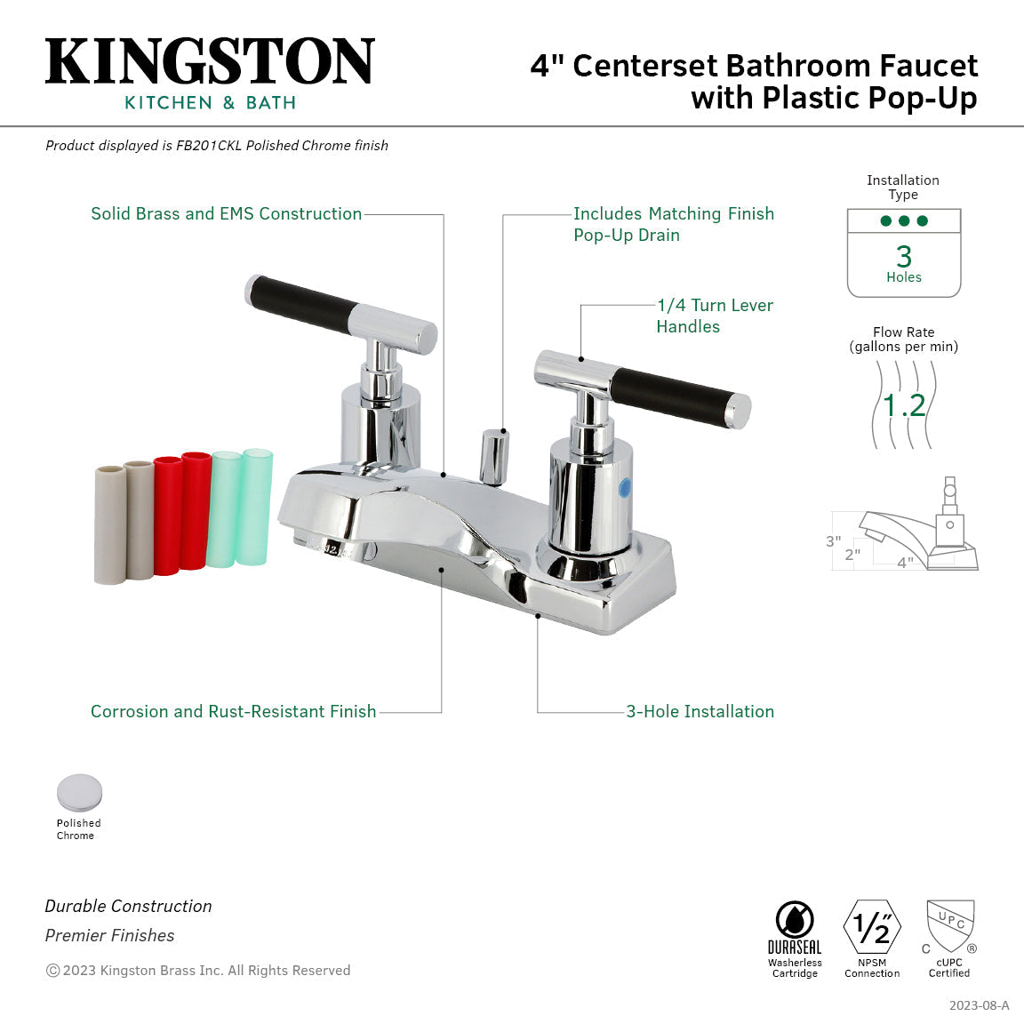 Kaiser FB201CKL Two-Handle 3-Hole Deck Mount 4" Centerset Bathroom Faucet with Plastic Pop-Up, Polished Chrome