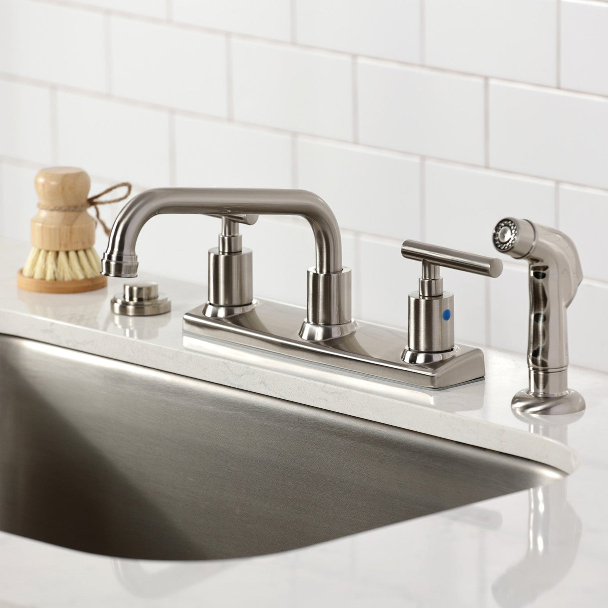 Manhattan FB2138CML Two-Handle 2-Hole Deck Mount 8" Centerset Kitchen Faucet, Brushed Nickel