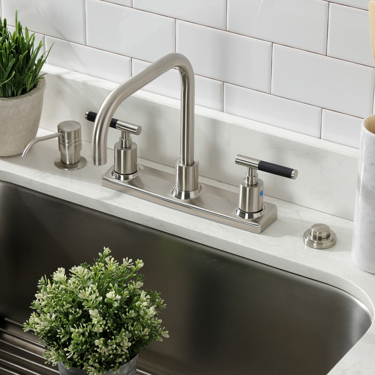 Kaiser FB2148CKL Two-Handle 2-Hole Deck Mount 8" Centerset Kitchen Faucet, Brushed Nickel