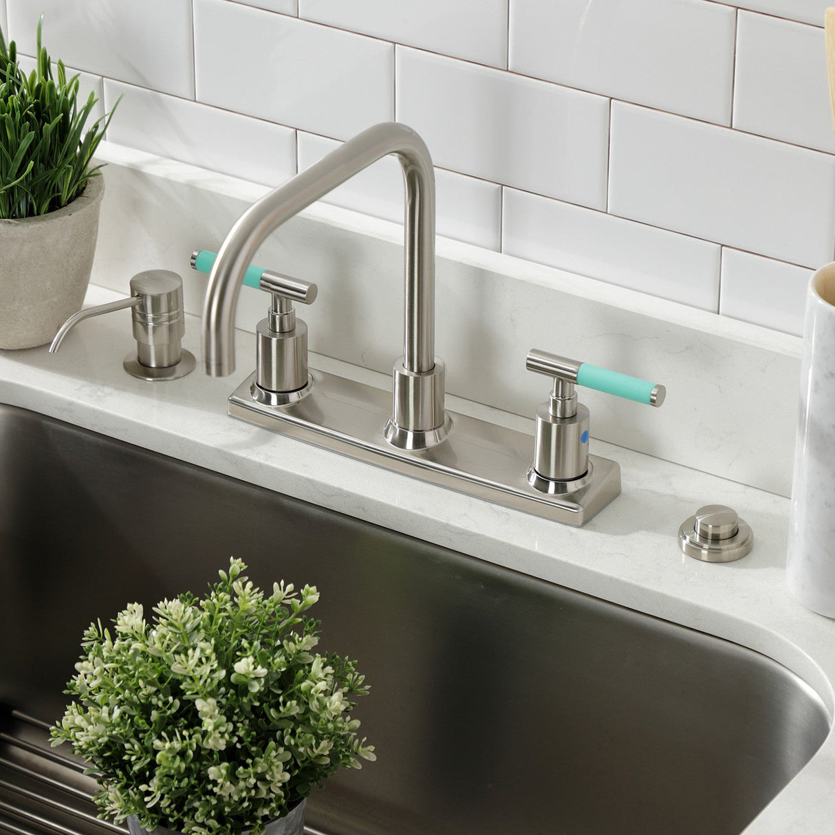 Kaiser FB2148CKL Two-Handle 2-Hole Deck Mount 8" Centerset Kitchen Faucet, Brushed Nickel