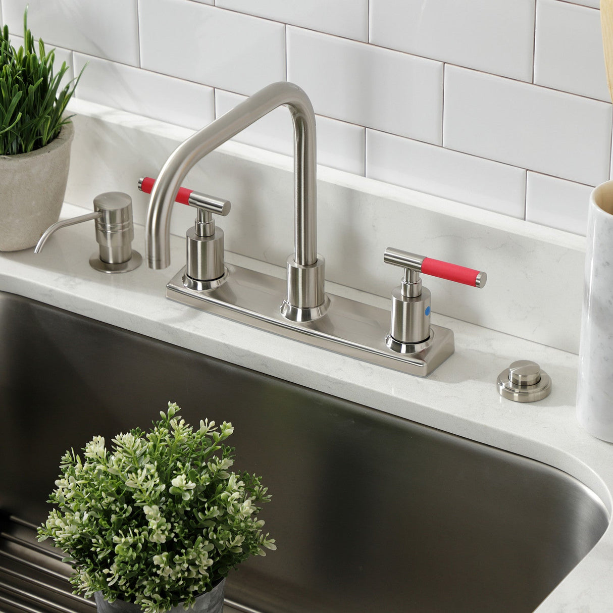 Kaiser FB2148CKL Two-Handle 2-Hole Deck Mount 8" Centerset Kitchen Faucet, Brushed Nickel