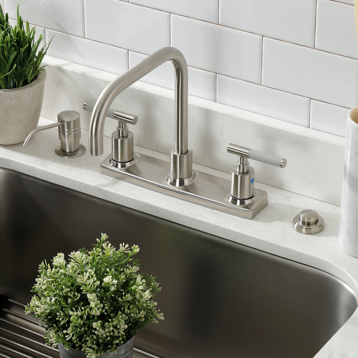 Kaiser FB2148CKL Two-Handle 2-Hole Deck Mount 8" Centerset Kitchen Faucet, Brushed Nickel