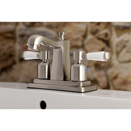 Paris FB4648DPL Two-Handle 3-Hole Deck Mount 4" Centerset Bathroom Faucet with Plastic Pop-Up, Brushed Nickel