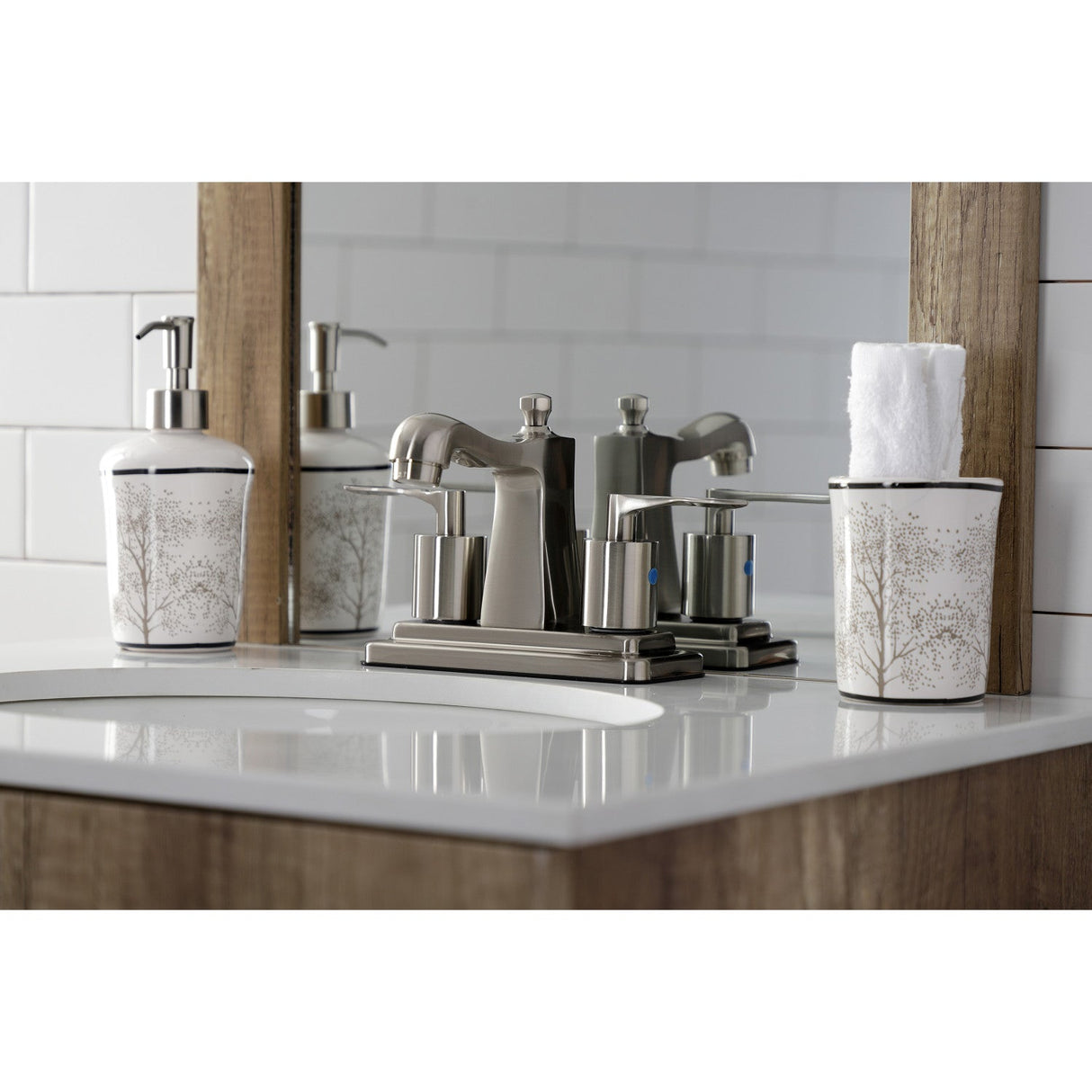 Serena FB4648SVL Two-Handle 3-Hole Deck Mount 4" Centerset Bathroom Faucet with Plastic Pop-Up, Brushed Nickel