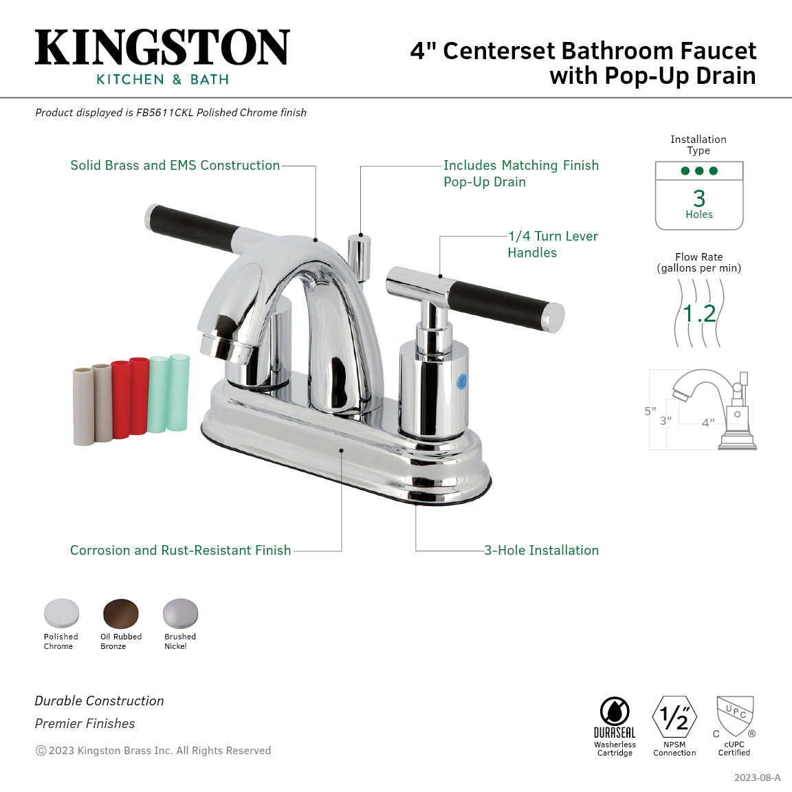 Kaiser FB5618CKL Two-Handle 3-Hole Deck Mount 4" Centerset Bathroom Faucet with Plastic Pop-Up, Brushed Nickel