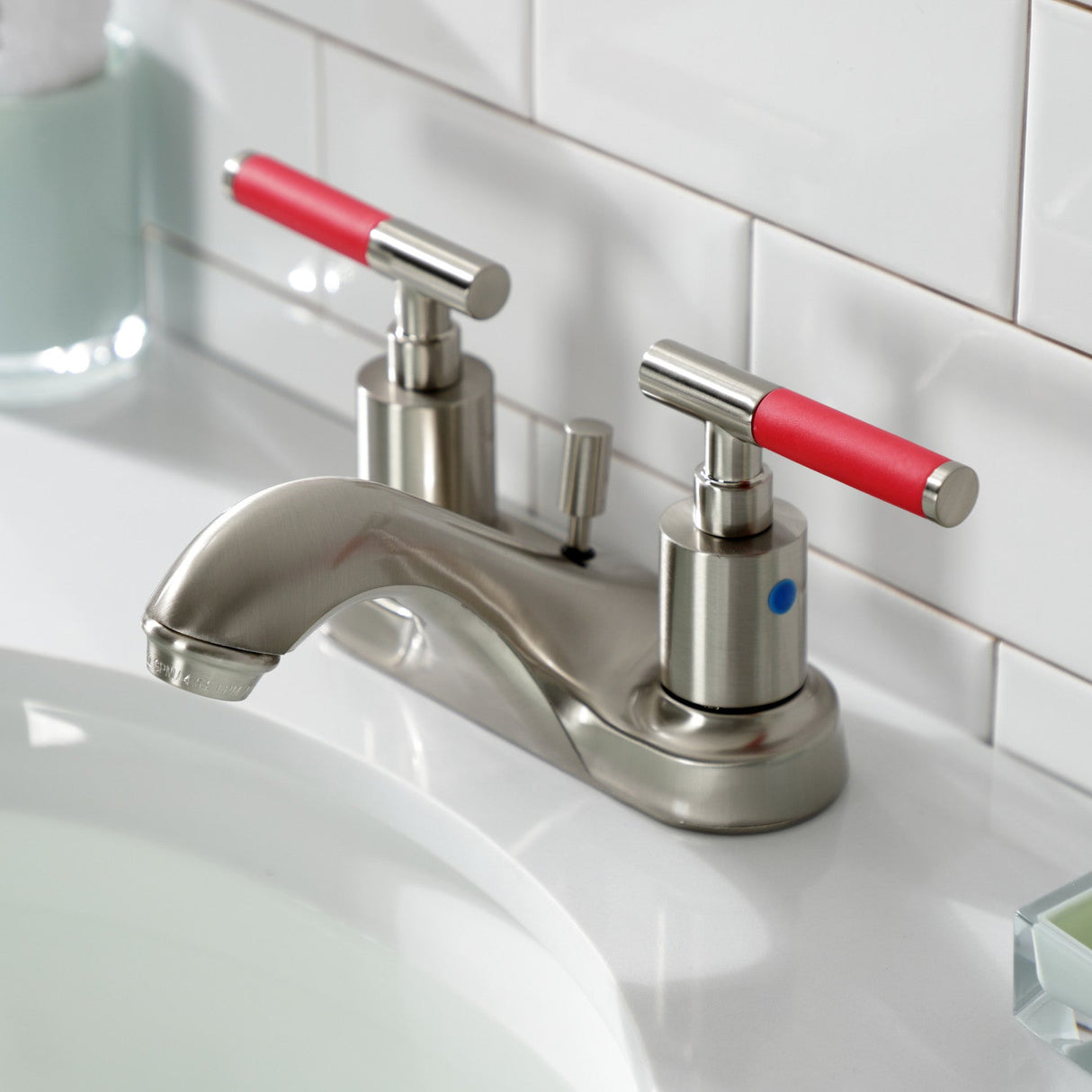 Kaiser FB5628CKL Two-Handle 3-Hole Deck Mount 4" Centerset Bathroom Faucet with Plastic Pop-Up, Brushed Nickel