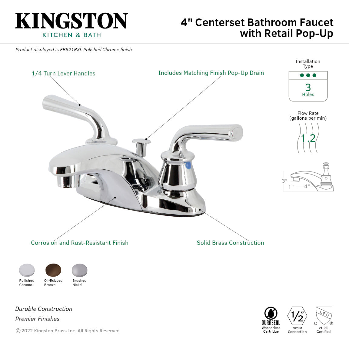 Restoration FB621RXL Two-Handle 3-Hole Deck Mount 4" Centerset Bathroom Faucet with Plastic Pop-Up, Polished Chrome