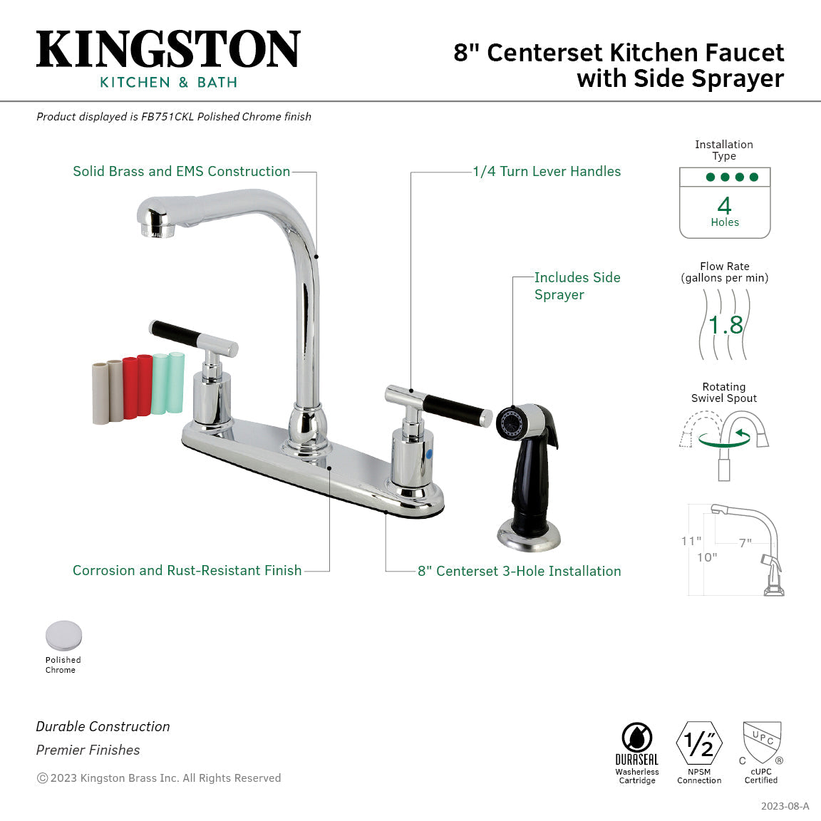 Kaiser FB751CKL Two-Handle 4-Hole Deck Mount 8" Centerset Kitchen Faucet with Side Sprayer, Polished Chrome