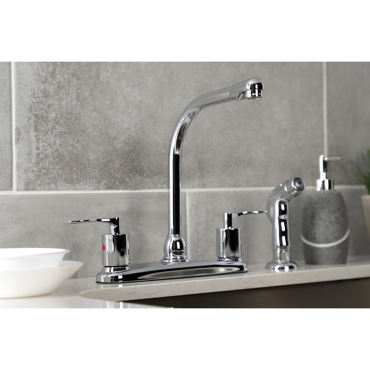 Serena FB751SVLSP Two-Handle 4-Hole Deck Mount 8" Centerset Kitchen Faucet with Side Sprayer, Polished Chrome