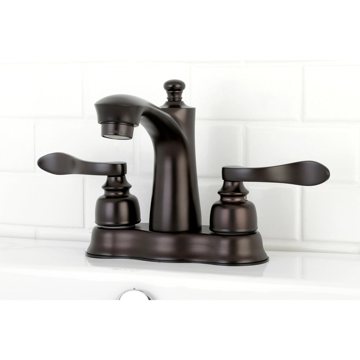 NuWave French FB7615NFL Two-Handle 3-Hole Deck Mount 4" Centerset Bathroom Faucet with Plastic Pop-Up, Oil Rubbed Bronze