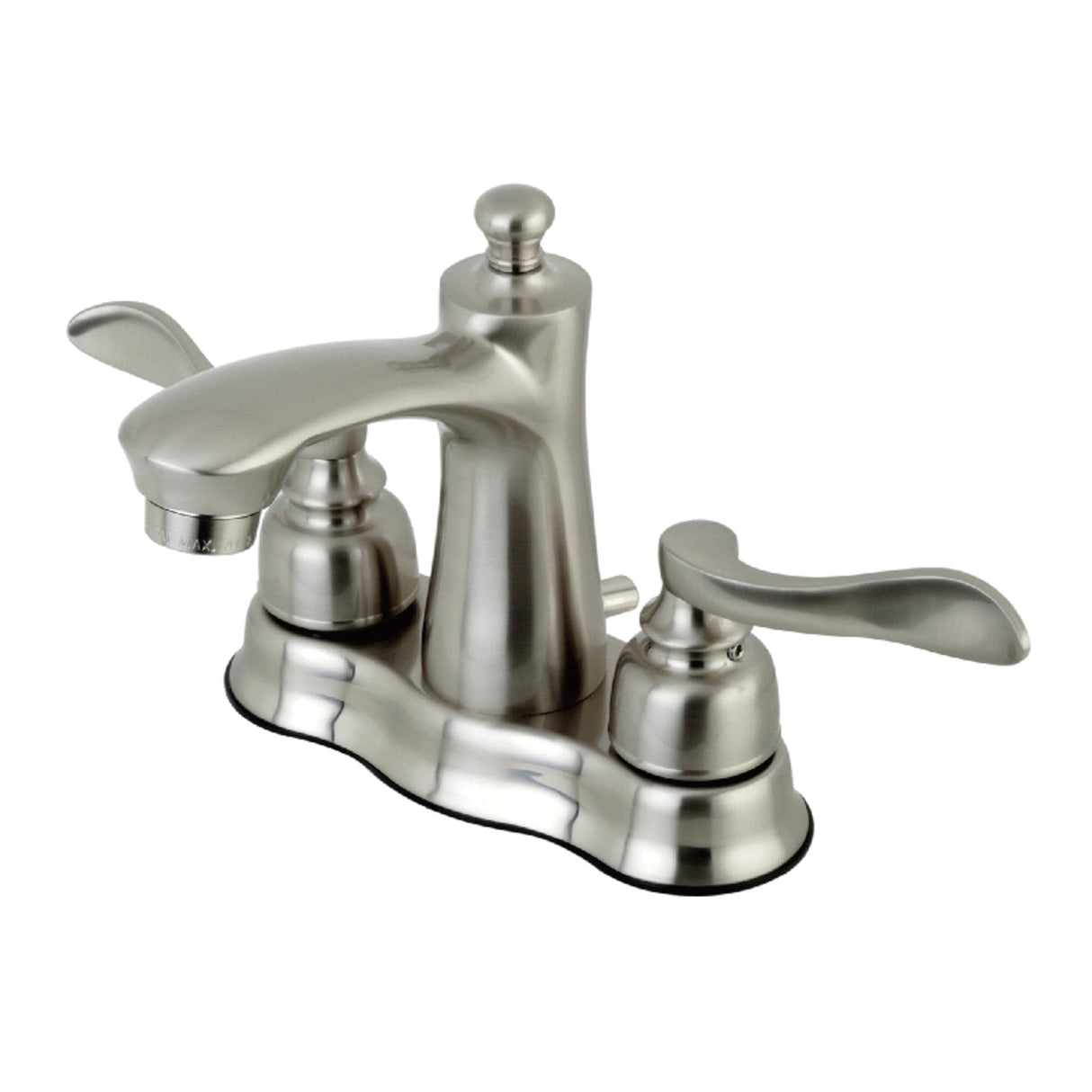 NuWave French FB7618NFL Two-Handle 3-Hole Deck Mount 4" Centerset Bathroom Faucet with Plastic Pop-Up, Brushed Nickel