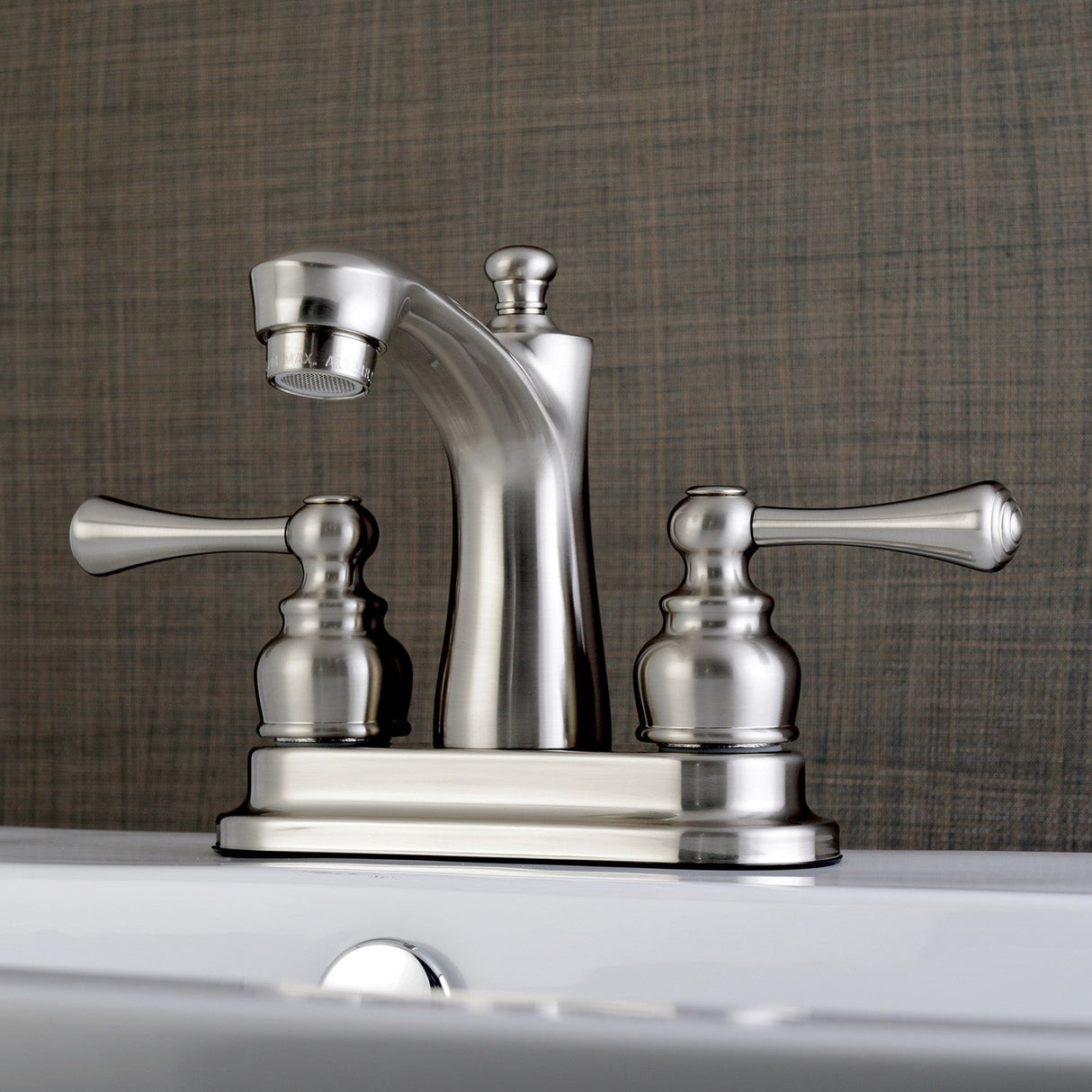 Vintage FB7628BL Two-Handle 3-Hole Deck Mount 4" Centerset Bathroom Faucet with Plastic Pop-Up, Brushed Nickel