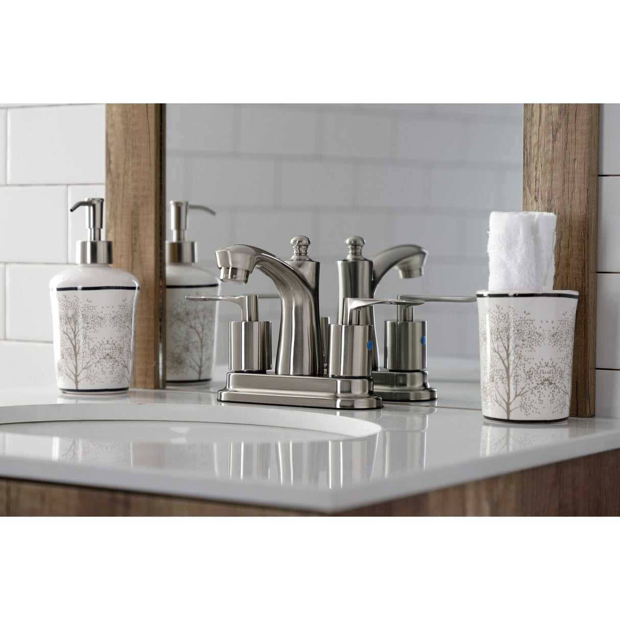Serena FB7628SVL Two-Handle 3-Hole Deck Mount 4" Centerset Bathroom Faucet with Retail Pop-Up, Brushed Nickel