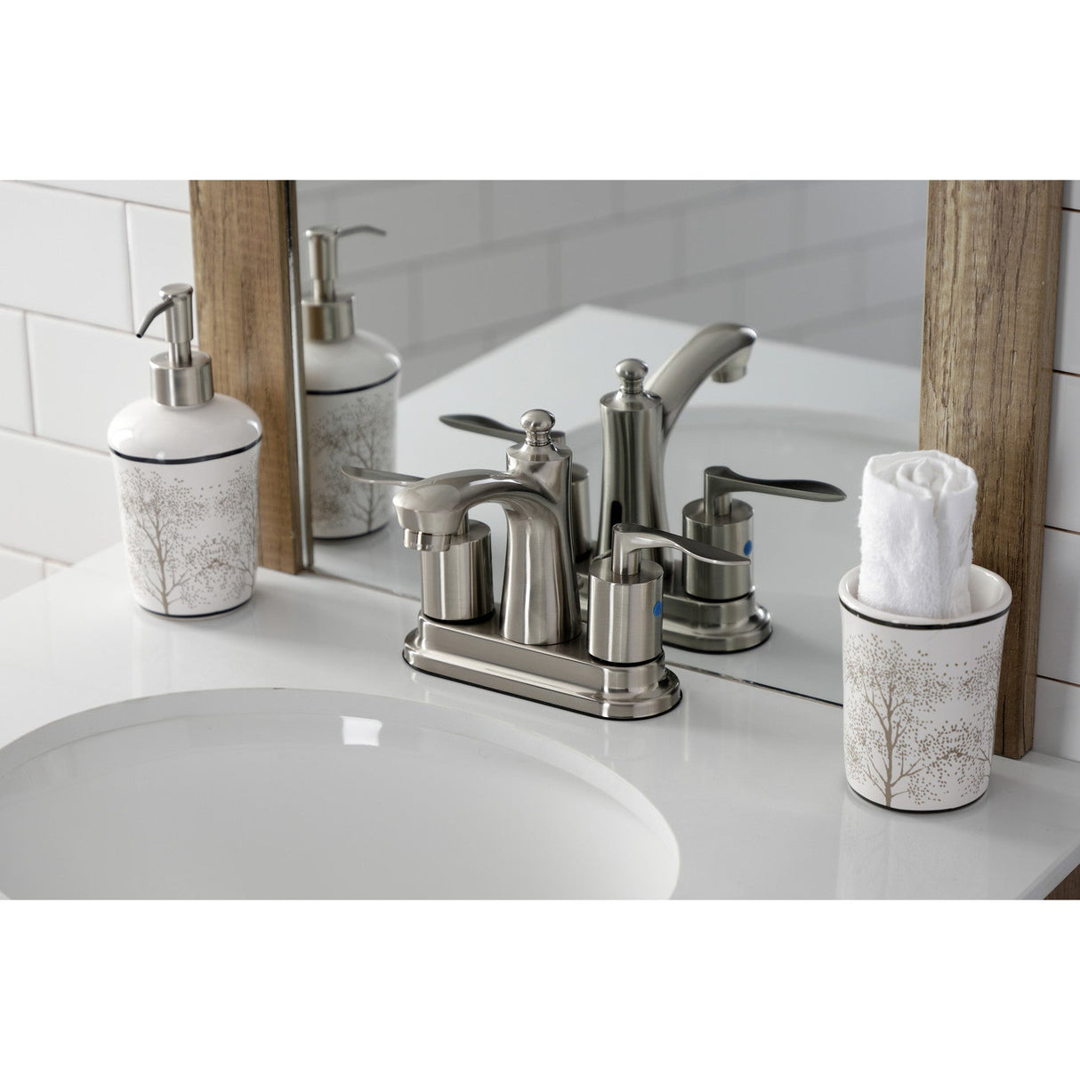 Serena FB7628SVL Two-Handle 3-Hole Deck Mount 4" Centerset Bathroom Faucet with Retail Pop-Up, Brushed Nickel