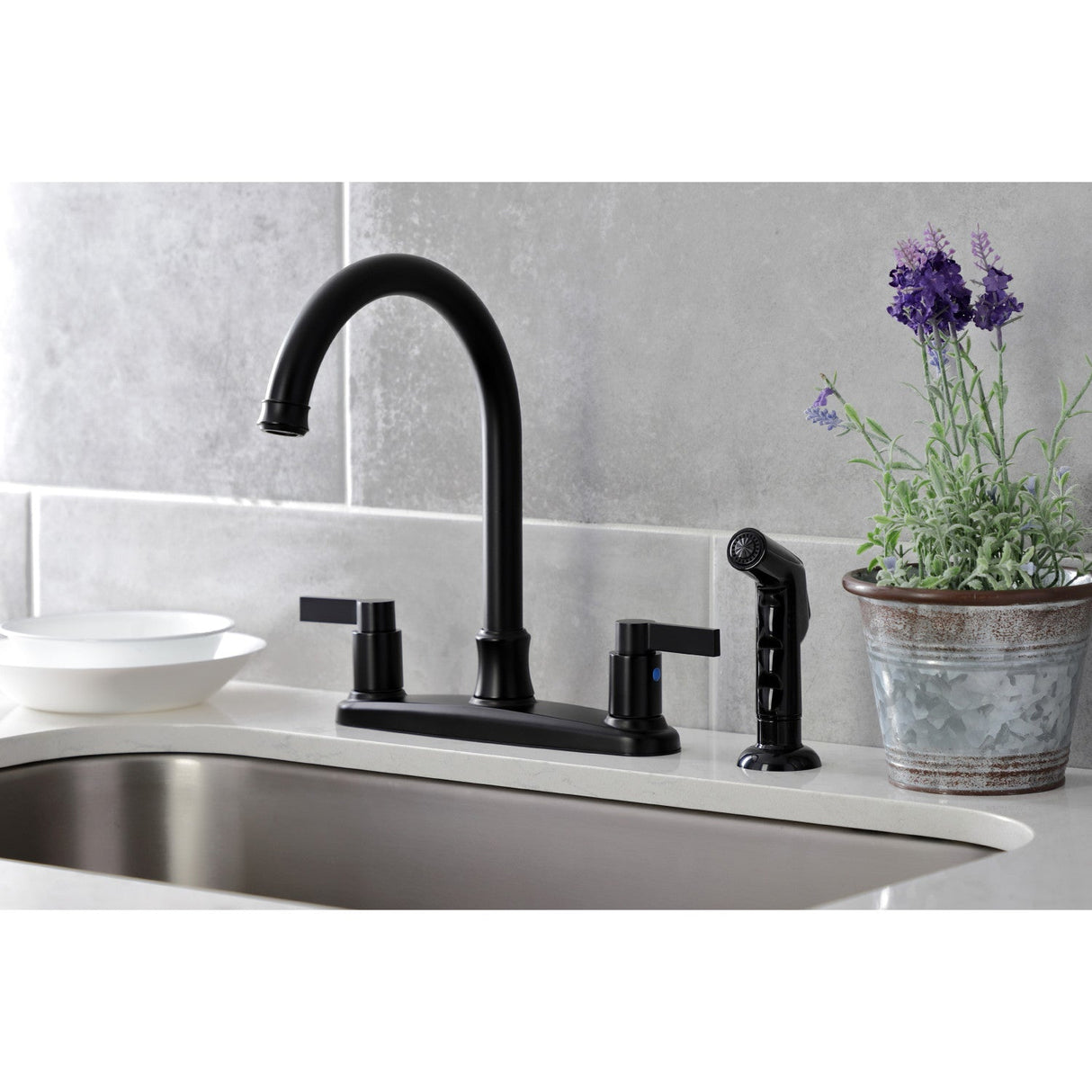 NuvoFusion FB7790NDLSP Two-Handle 4-Hole Deck Mount 8" Centerset Kitchen Faucet with Side Sprayer, Matte Black