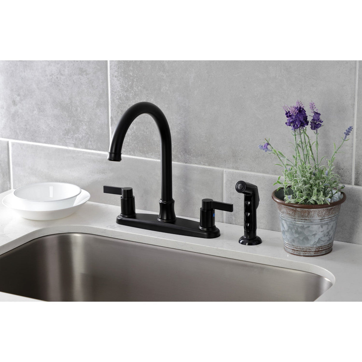 NuvoFusion FB7790NDLSP Two-Handle 4-Hole Deck Mount 8" Centerset Kitchen Faucet with Side Sprayer, Matte Black